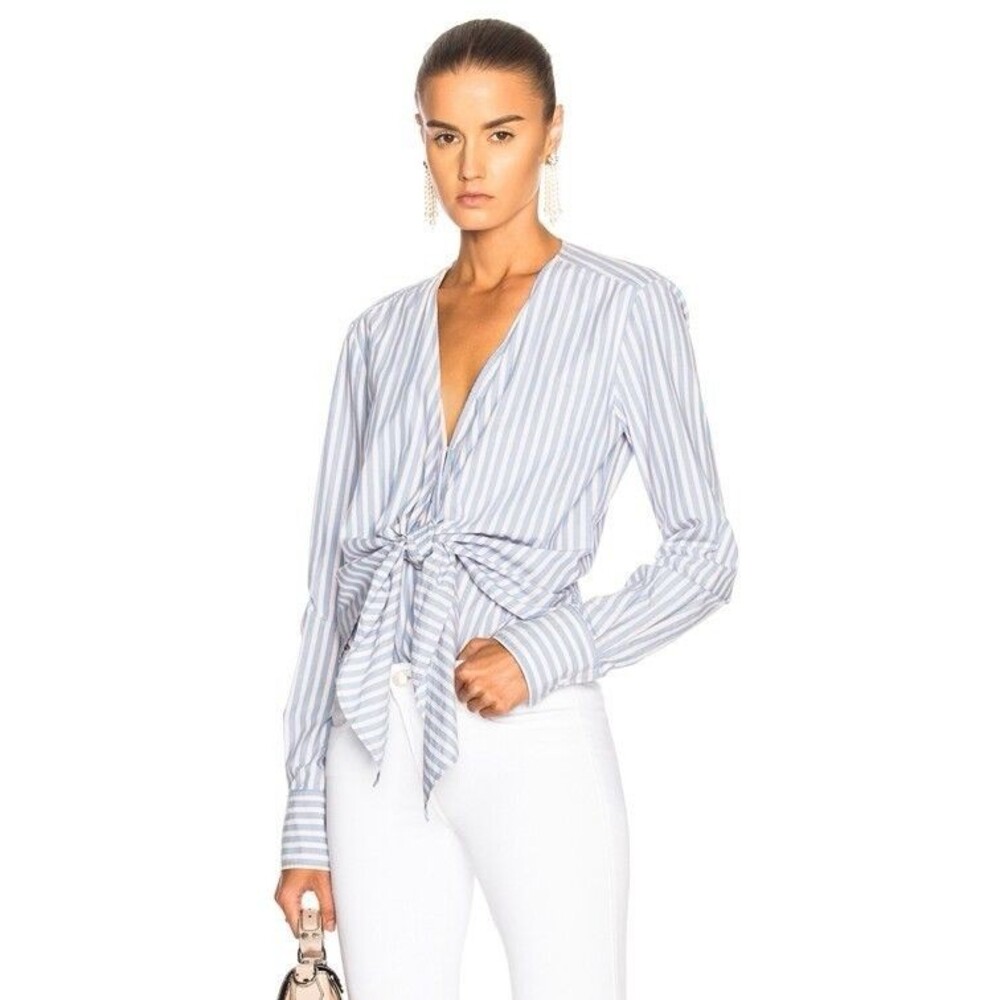 Veronica Beard Diana Bodysuit Blouse S White Blue Stripes Cotton Long Sleeve